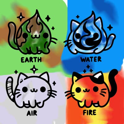 4 cats that represent the different elements, earth, water, air, and fire