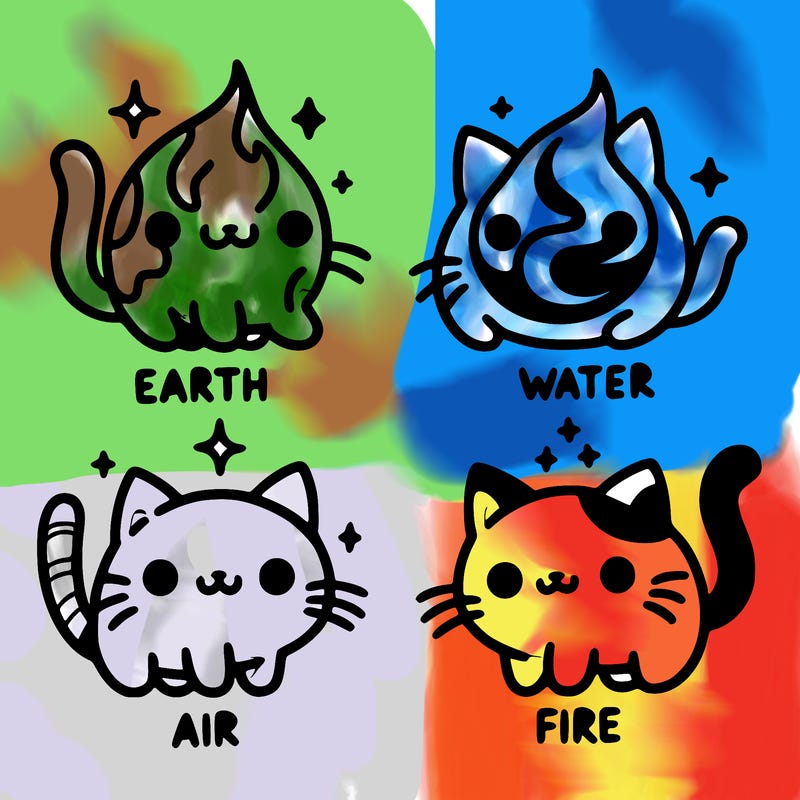 4 cats that represent the different elements, earth, water, air, and fire