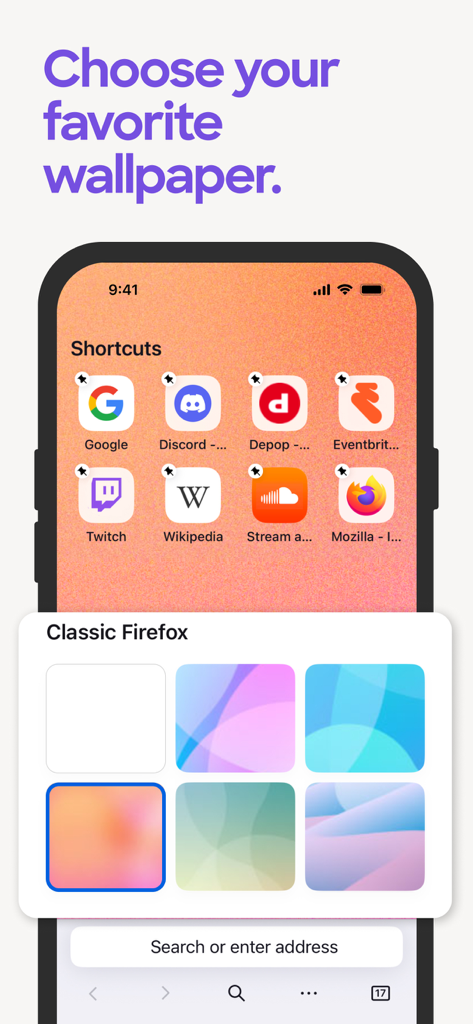 A screen from the Firefox mobile app showing a selection of colorful wallpapers to customize the browser home screen.