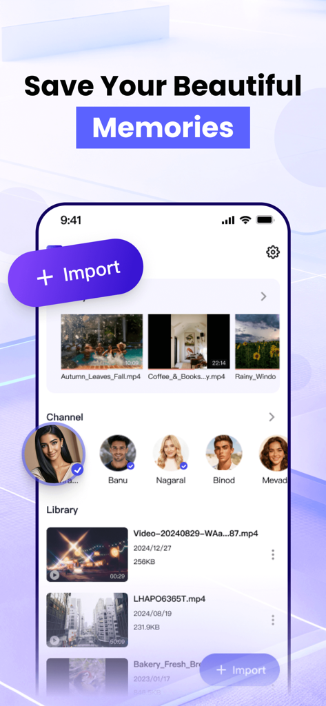VideLyy - VideLyy app interface showing organized video memories and an import button