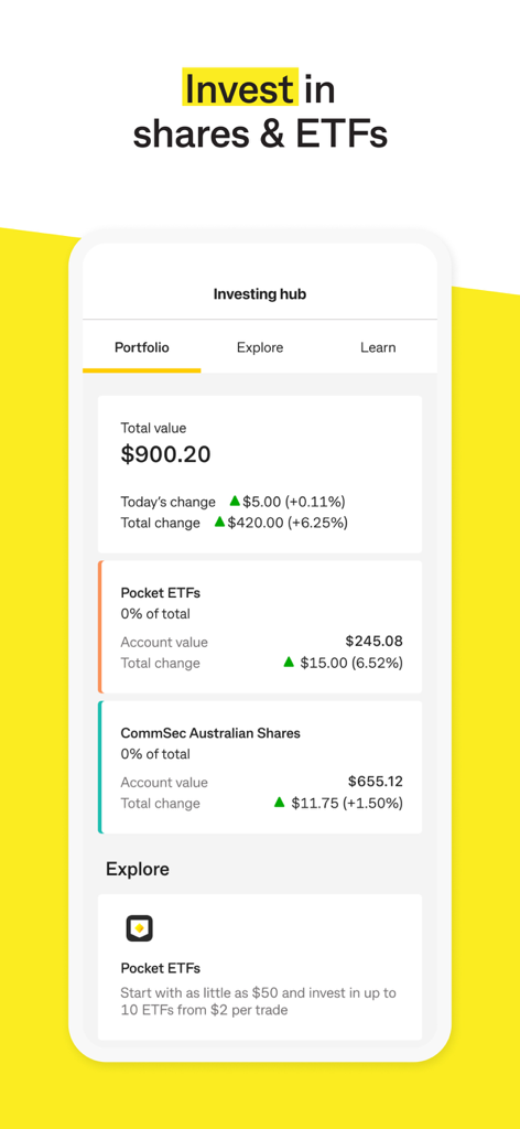 CommBank app investing hub displaying total portfolio value and performance of shares and ETFs