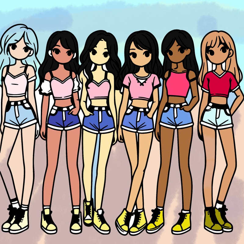 a group of girls wearing crop tops and shorts