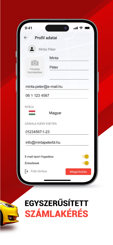 User profile screen of the Fotaxi app showing account details and simplified invoicing options