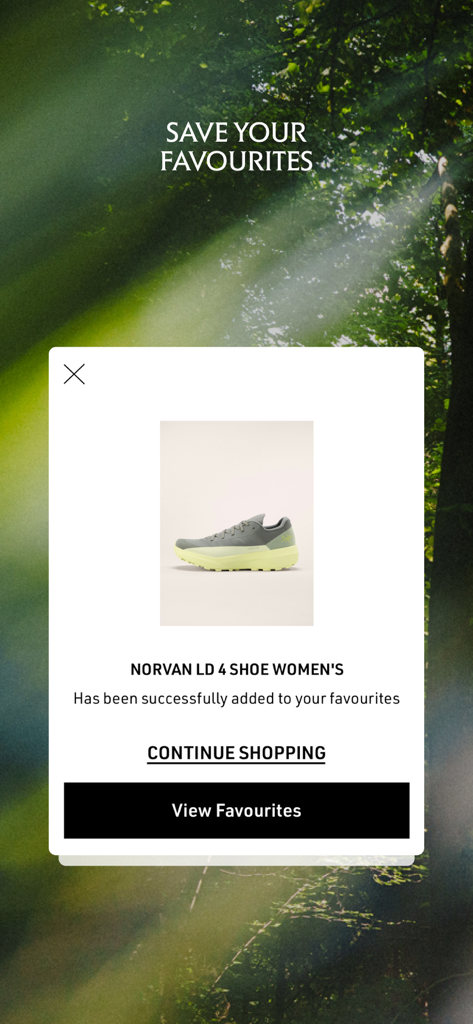 Arc'teryx - Outdoor Gear Shop - Arc'teryx mobile app screen showing a shoe successfully added to favourites.