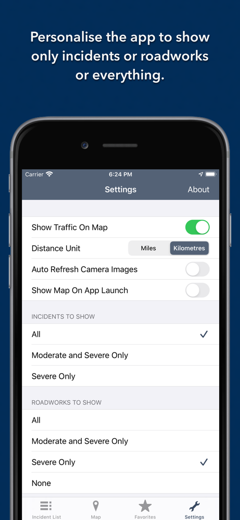 A screenshot of the British Columbia Roads app settings page showing options to filter traffic incidents and roadworks.