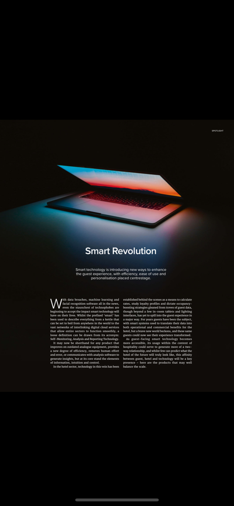 Sleeper Magazine - Ein Artikel in der Sleeper Magazine App mit dem Titel Smart Revolution, der sich mit intelligenter Technologie im Gastgewerbe beschäftigt.