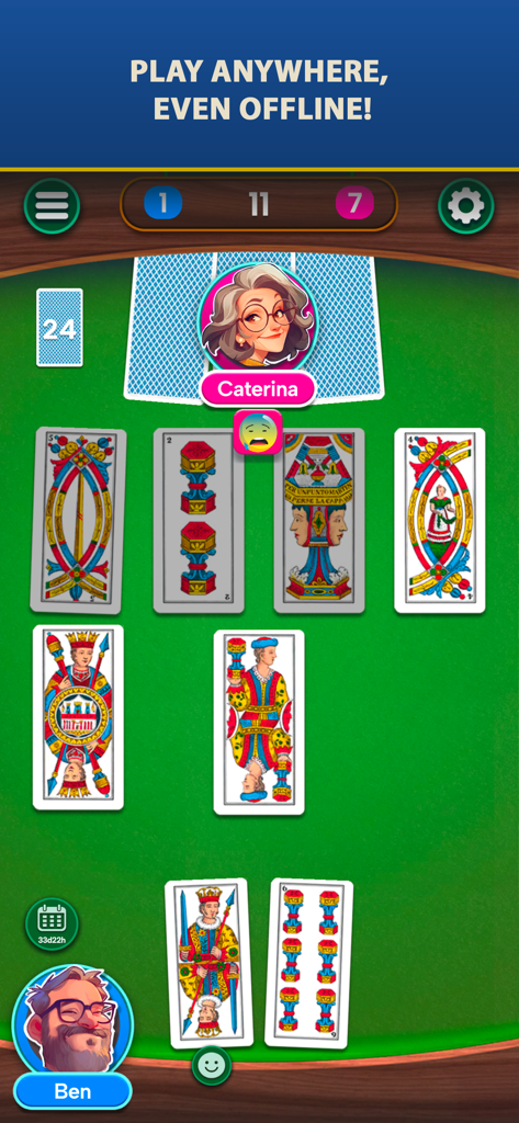 Scopa Classic - Jugabilidad de Scopa Classic mostrando cartas italianas tradicionales en una mesa verde con avatares de jugadores.