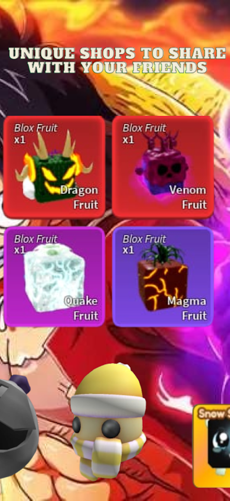 Blox Fruits for Rblx - Una exhibición de artículos únicos de tienda como frutas de Dragón y Veneno dentro de la app Blox Fruits