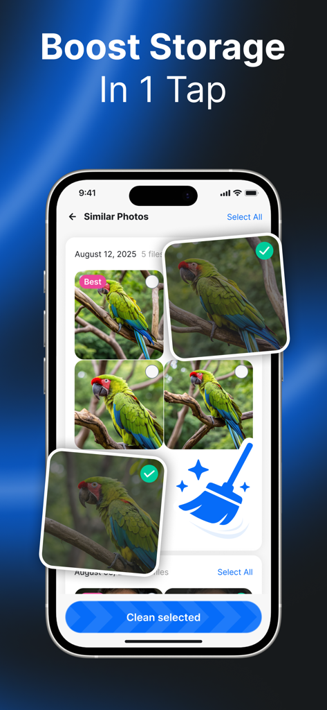 SkyCleaner: Safe & Clean - SkyCleaner mobile app screen displaying the similar photos detection tool and a clean selected button to free up storage