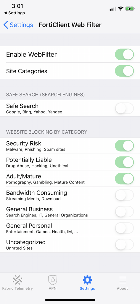 FortiClient app interface showing web filter settings with options to block websites by security risk or category