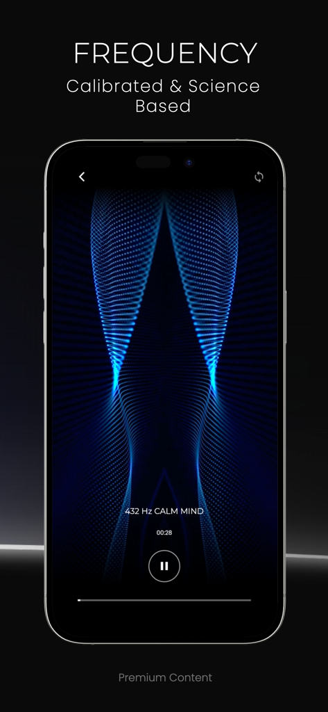 Interfaz de la aplicación Portal Paralelo mostrando una sesión de frecuencia de mente tranquila de 432 Hz con una visualización abstracta azul.