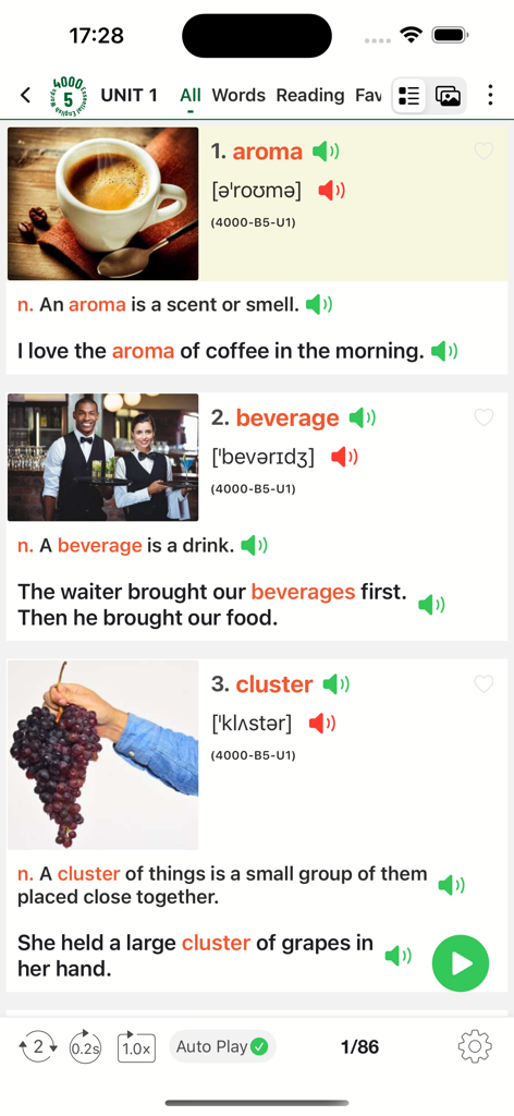 4000 Essential English Words ⑸ - Pantalla de aprendizaje de vocabulario en inglés que muestra definiciones de palabras y oraciones de ejemplo para 'aroma', 'beverage' y 'cluster'