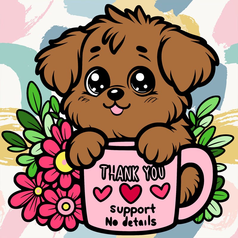 a really cute puppy holding a thank you for support mug with flowers everywhere
