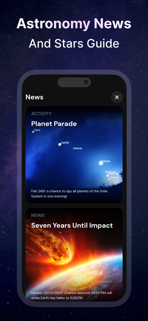 Star Gazer: Night Sky View Map - Sección de noticias de astronomía de la aplicación Star Gazer con actualizaciones sobre alineaciones planetarias y eventos espaciales