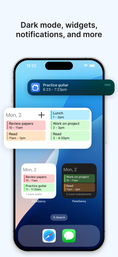 FlowSavvy app home screen showing productivity widgets and task notifications on an iPhone.