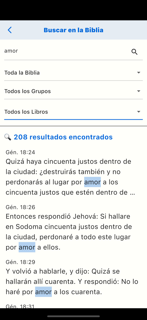 Biblia + CBA - Biblia CBA app interface showing search results for the word amor in the Bible