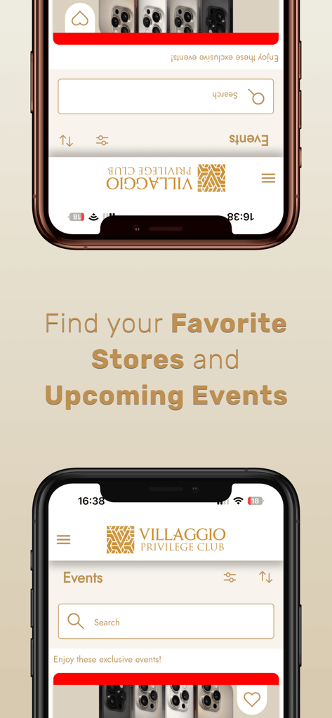 Villaggio Privilege Club - Interfaz de la aplicación Villaggio Privilege Club para buscar tiendas favoritas y próximos eventos.