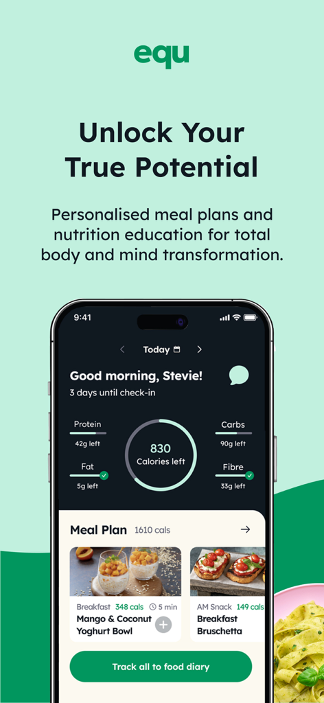 equ app - Pantalla de inicio de la app equ mostrando planes de comida personalizados y seguimiento de calorías
