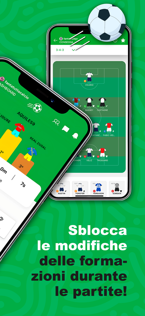 Fantaclub - Interfaccia dell'app Fantaclub che mostra la formazione della squadra di calcio e le classifiche di lega.