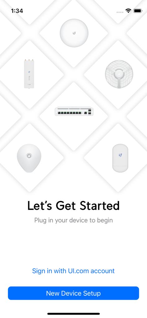 UISP Mobile - さまざまな Ubiquiti ネットワーク ハードウェア アイコンと新しいデバイスのセットアップ ボタンを表示する UISP Mobile アプリのウェルカム画面