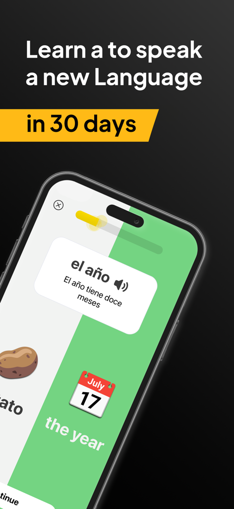 LangAI app interface showing Spanish vocabulary lessons and a 30 day learning goal