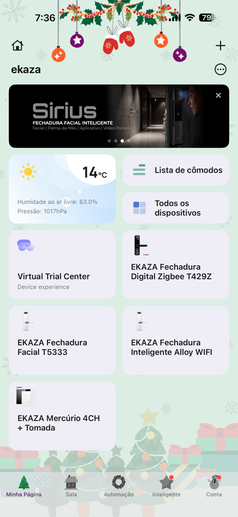 EKAZA app main dashboard interface displaying smart lock devices and weather status
