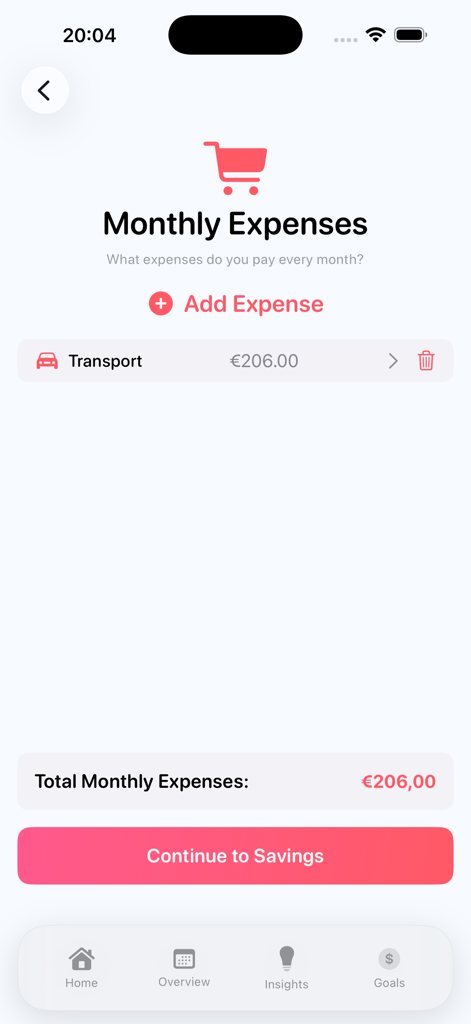 WealthRise mobile app screen for entering and viewing monthly expenses such as transport costs