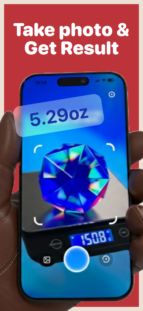 TouchScale: Scale For Grams - iPhone screen showing the TouchScale app interface estimating the weight of a gemstone from a photo