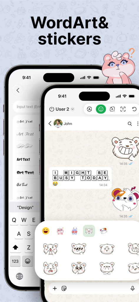 Dual Web Chat WAPP - Una interfaz móvil que muestra fuentes WordArt personalizadas y pegatinas de animales lindos para mensajes de chat.