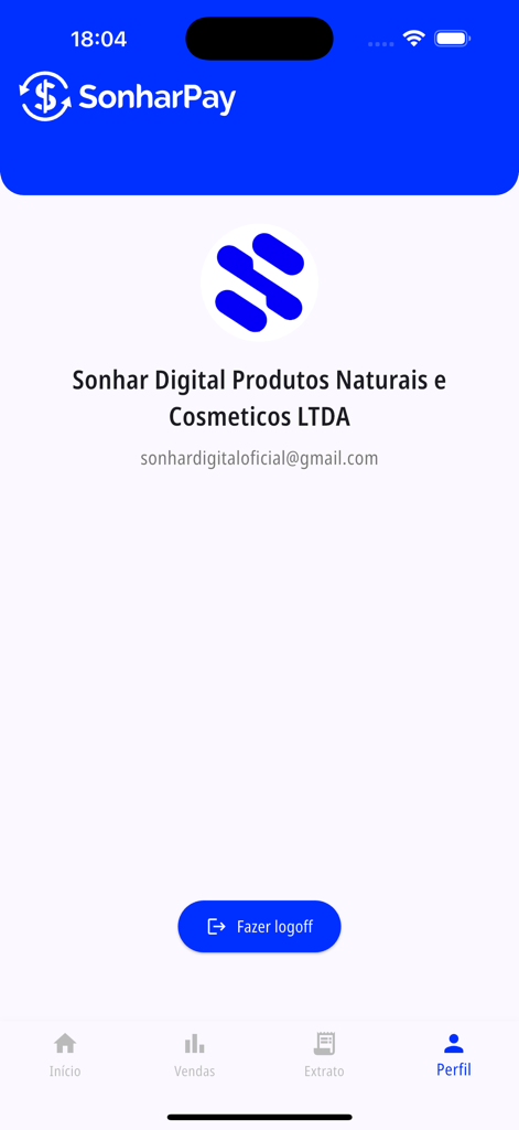 Sonhar Pay - User profile screen of the Sonhar Pay finance app showing account information