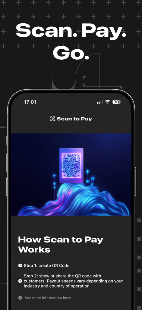 Interfaccia dell'app mobile che spiega come i commercianti possono creare e condividere codici QR per i pagamenti dei clienti