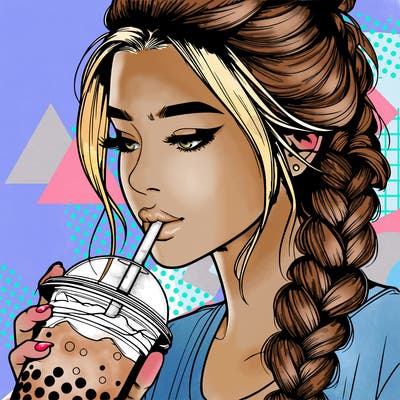 realistic girl drinking boba tea with braided hair