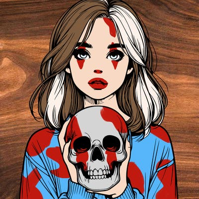 realistic girl holding a skull