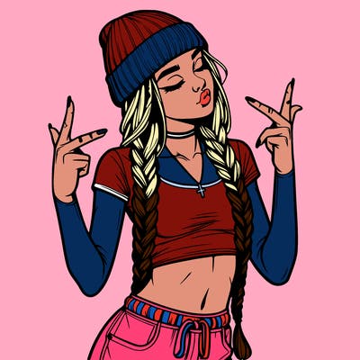 realistic teenage girl with braids and a beanie and crop top doing 🫶🏼