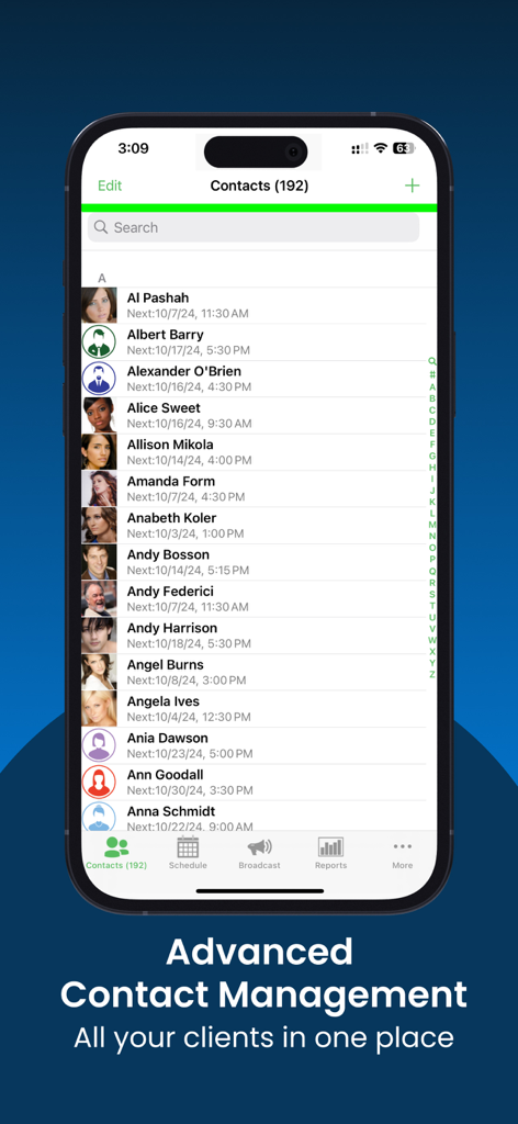 MyChair app interface showing a detailed client contact list with next appointment dates for beauty professionals.