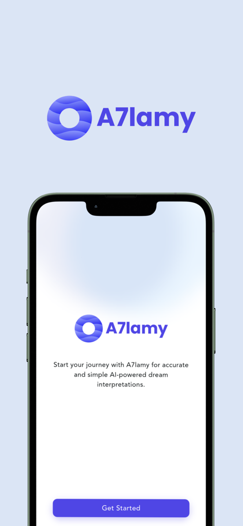 Welcome screen of A7lamy app for AI-powered dream interpretations showing a Get Started button