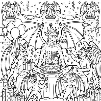 Dive into a unique birthday celebration with this enchanting coloring page featuring winged gargoyles. Adorned with festive decorations, it promises hours of creative fun for fantasy lovers of all ages.