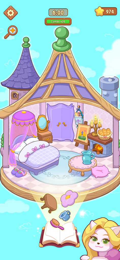 Tela de jogo de Fairy Room Makeover mostrando um quarto aconchegante de conto de fadas roxo e rosa com uma cama com dossel e itens sendo organizados de um livro mágico.