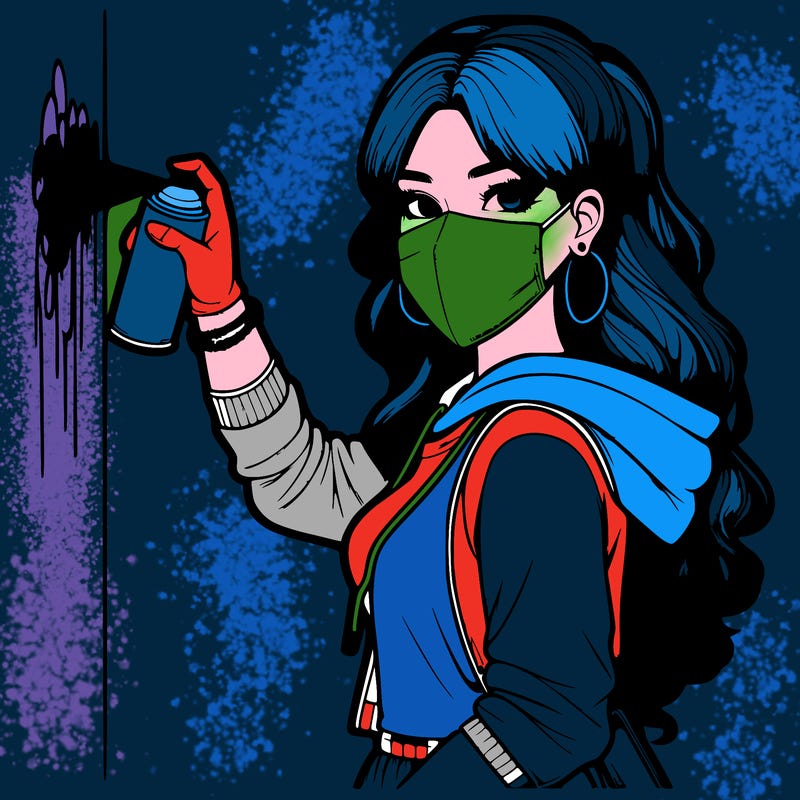 realistic girl with mask spray painting a wall