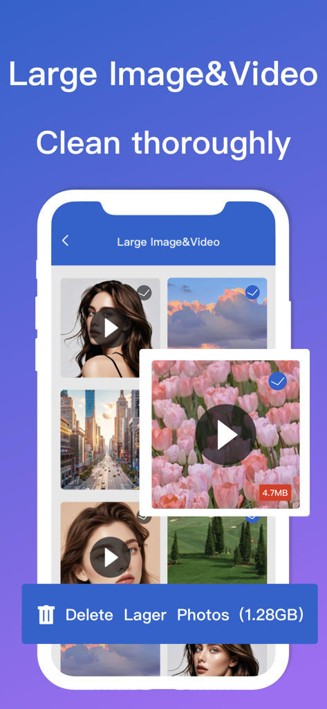 Phone Cleaner-Storage Clean up - Interfaz de la aplicación Phone Cleaner mostrando la selección de imágenes y videos grandes para eliminar con el fin de limpiar el almacenamiento