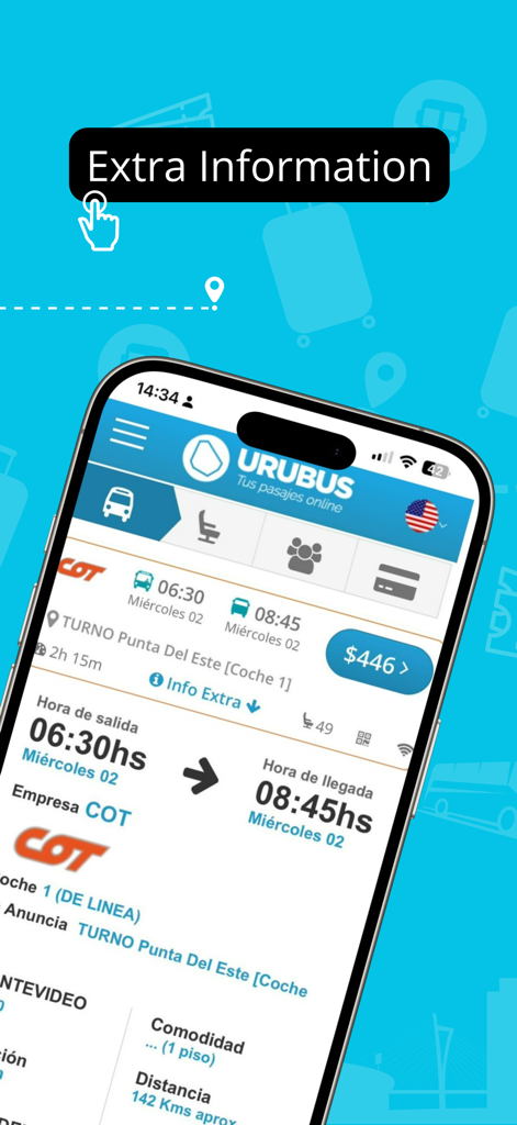 URUBUS - URUBUS mobile app interface showing detailed bus trip schedules and ticket prices for travel in Uruguay