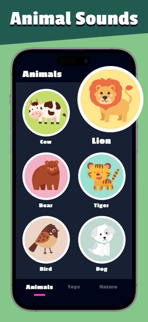 App screen showing animal sound categories with cartoon icons of a lion cow bear and tiger