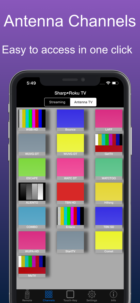 Interfaz de la aplicación de control remoto Roku TV que muestra una lista de canales de antena locales accesibles en formato de cuadrícula