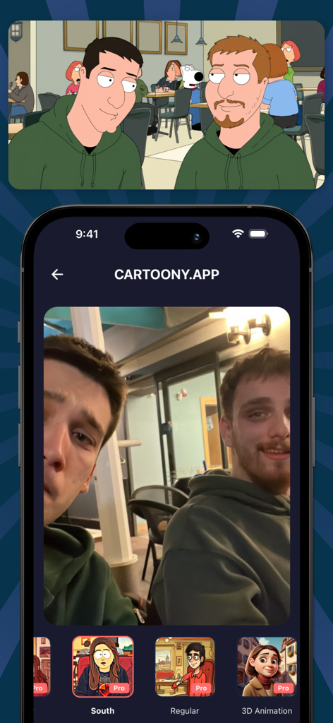 Cartoony: Anime Cartoon Maker - AI app interface showing a photo of two men transformed into a cartoon style