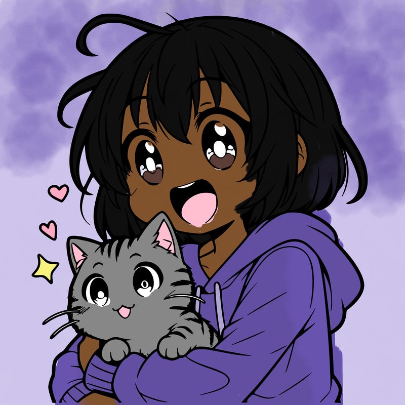 an anime girl excited snuggling an adorable cat