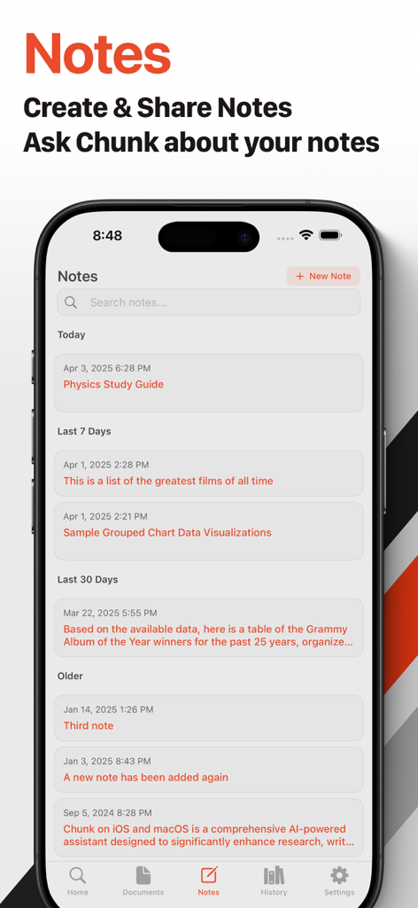 Chunk: AI Research Assistant - A screenshot of the Chunk AI app showing a list of research and study notes organized by date.