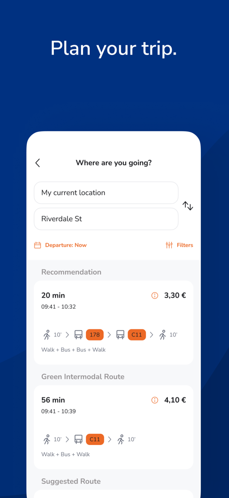 Pame App - Pame App interface for planning bus journeys in Cyprus showing routes and prices