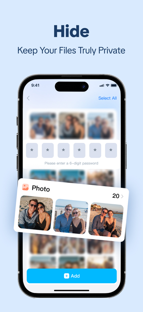 AI Storage Cleaner：Free Up - Pantalla de smartphone mostrando la función de bóveda privada con una entrada de código de acceso para ocultar y proteger fotos personales