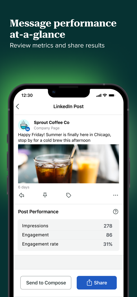 Sprout Social - Mobile interface of Sprout Social showing analytics and engagement data for a LinkedIn post
