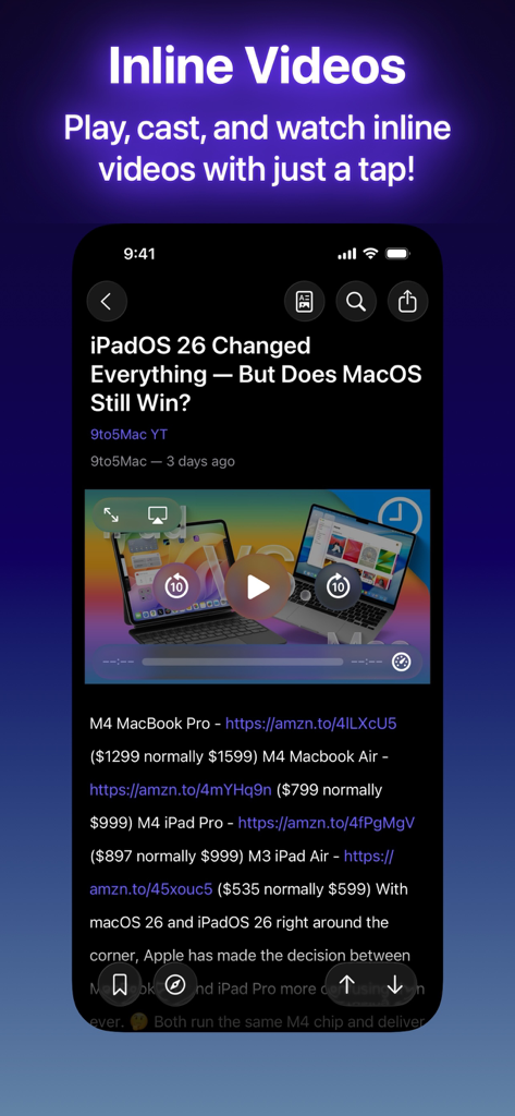 Elytra - The Elytra app interface showing an article with an integrated video player and playback controls
